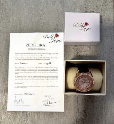 Bella Joya Monaco Damen Quarz Uhr Roségold Wild Leder Schwarz Edelsteinbesatz