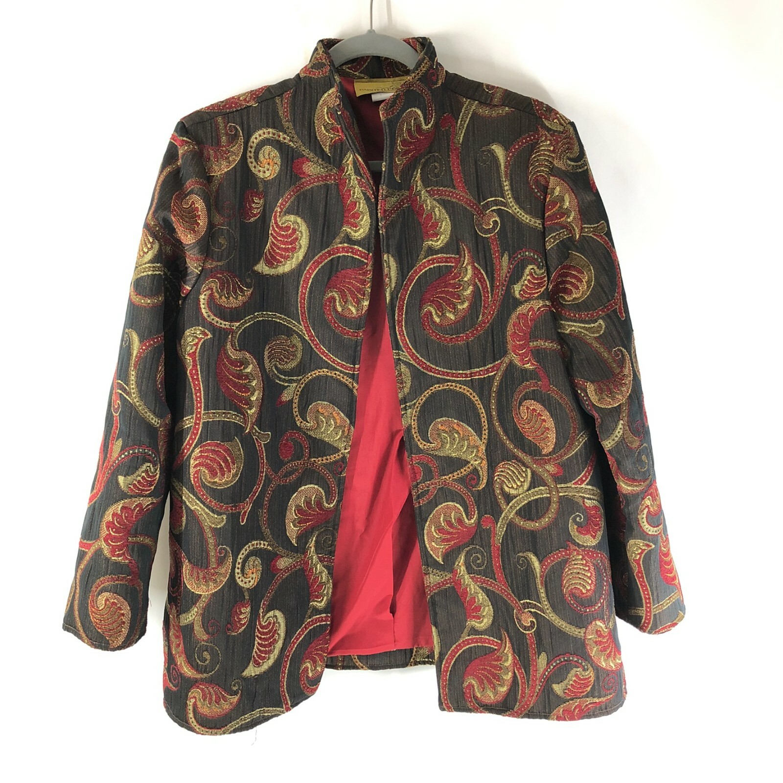 Painted Pony Womens Jacket Open Front Tapestry Geometric Floral Brown Red Size L