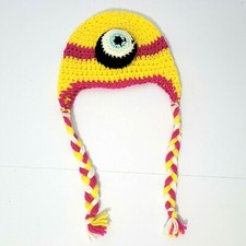 Child Pink Minion Blue Eye Handmade Crochet Beanie Hat Cap with Earflaps Girl