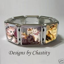 Fun Cat Bracelet Stretch VTG Altered Art Charm Cat Kitten Feline Kitty Lover