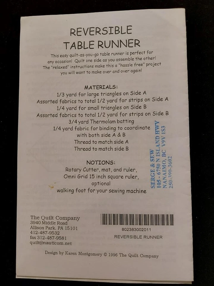 TQC 01 Quilted Reversible Table Runner Pattern by Karen Montgomery-Quilt Company - Image 2 of 2