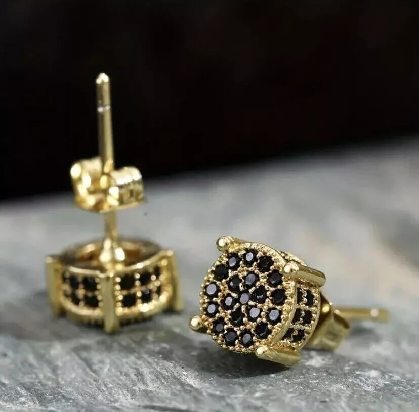 Round 2CT Simulated Black Diamond 14K Yellow Gold Plated Women's Stud Earrings