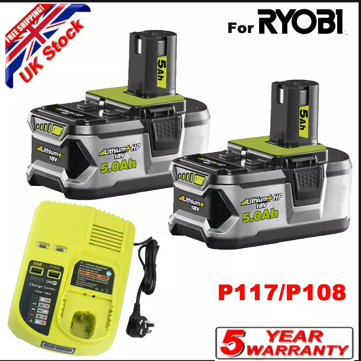 Battery Charger For RYOBI P108 18V One Plus High Capacity 5.0Ah