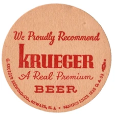 Krueger (Brewing Co)  Beer Coaster Newark NJ