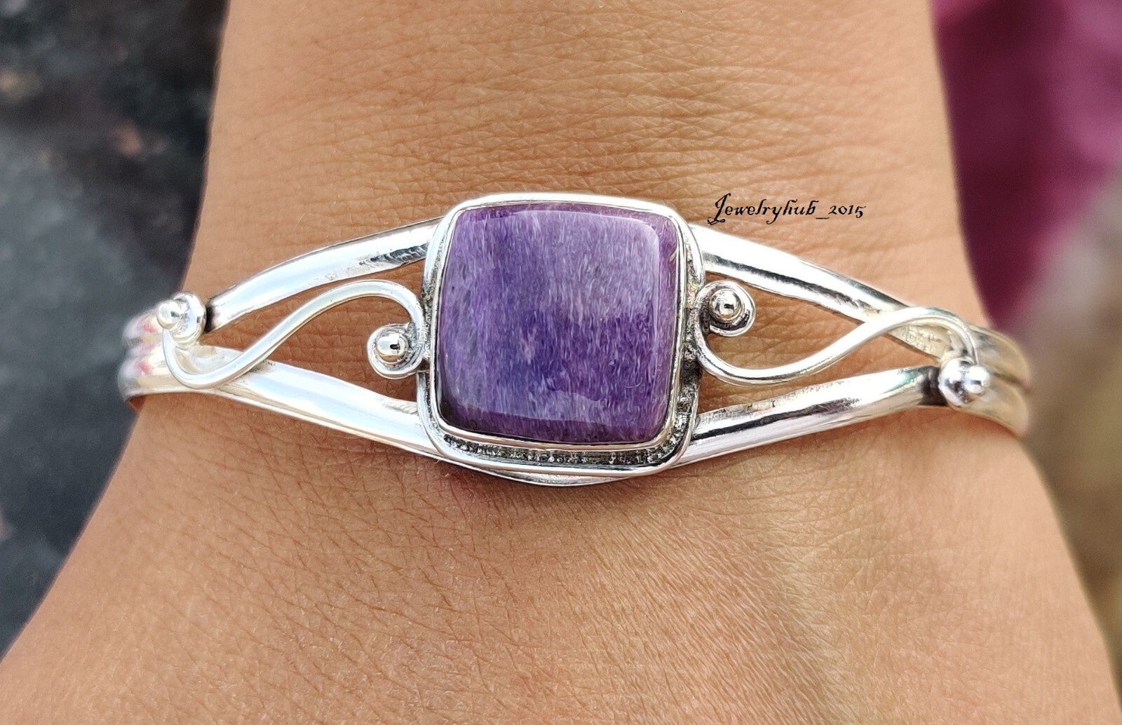 Charoite Gemstone Dainty Sterling Silver Bangle Gift for Her-image