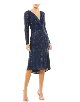 MAC DUGGAL A26555 LONG SLEEVE SEQUIN FAUX WRAP MIDNIGHT NAVY MIDI DRESS 8