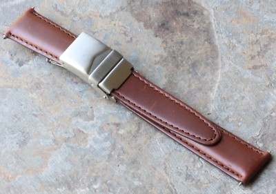 Steel deployant clasp 18mm vintage watch band padded stitched distressed Leather