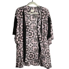 Born Famous Purple And Black Paisley Print Open Cardigan Black Lace Detail Sz 1x