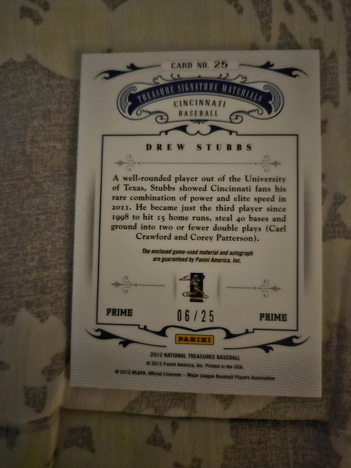 DREW STUBBS 2012 Panini National Treasures Signature Materials #25 Prime /25 - Image 2 of 2