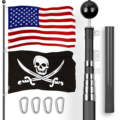 20 Ft Telescoping Flagpole BLK & American and Pirate Swords Flags Emb 300D 3x5Ft