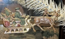 Antique Vintage Christmas Dresden Germany Die Cut Flat Santa In Sleigh 1900s