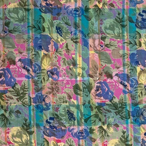Cool Cotton Dress Fabric Floral Overprint Check Quality Blue Pink PER 1/2 Metre - Picture 2 of 4