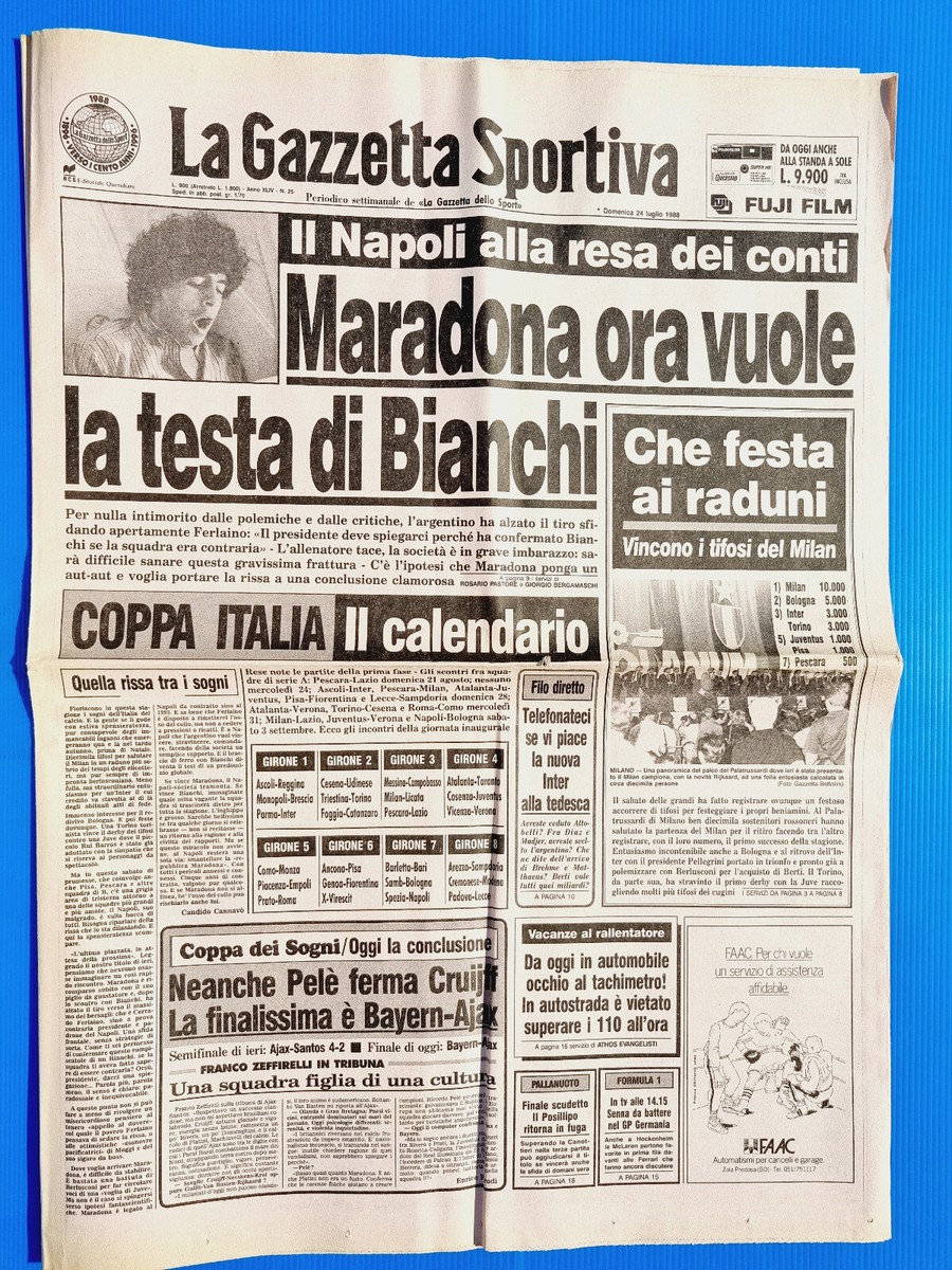 Gazette Dello Sport 5 Décembre 1988 Inter Napoli Juventus