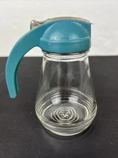 Vintage Glass Syrup Pitcher Buffalo Tool Corp Blue 5.5” Crack On Lid