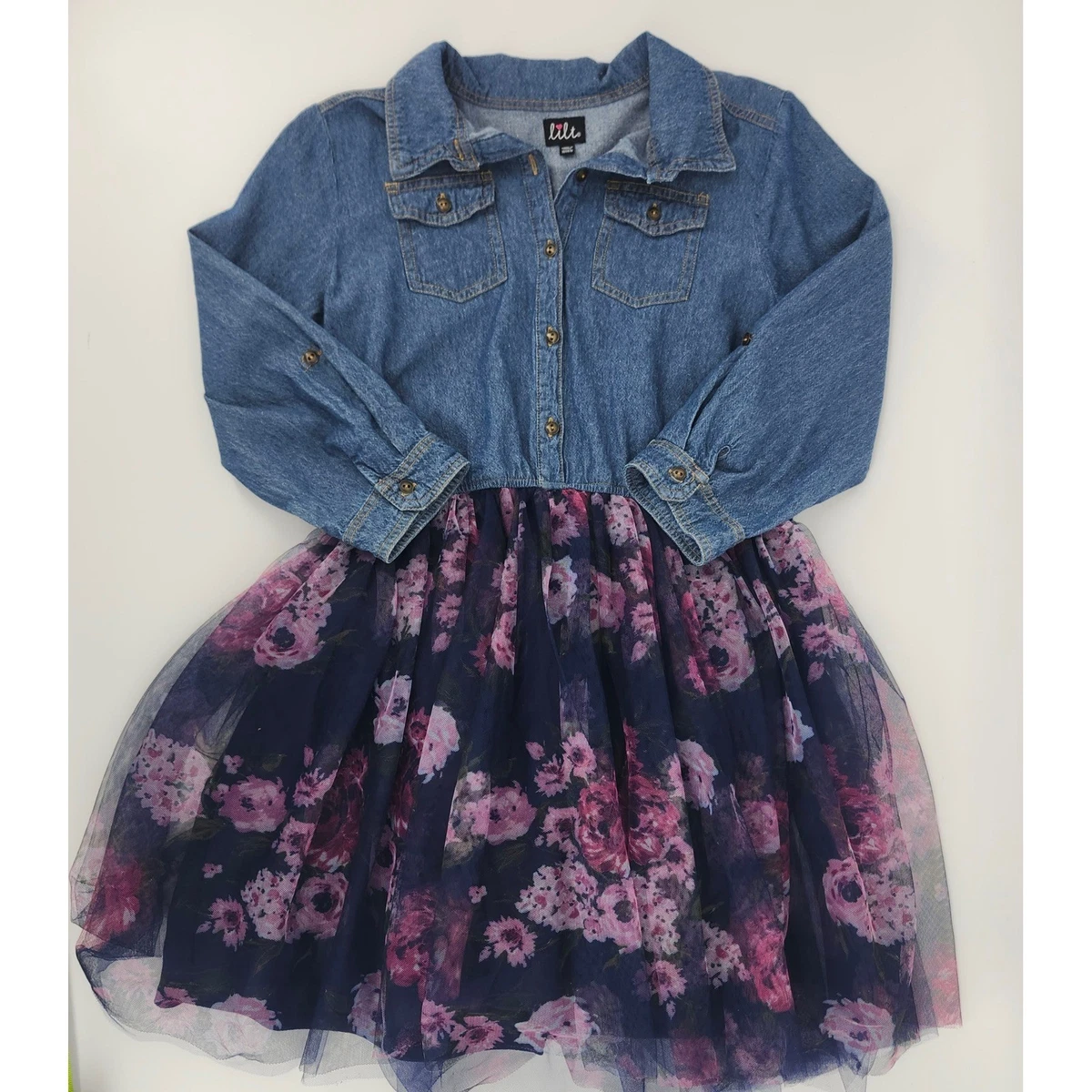 denim and tutu dress Long Sleeve Girls' for sale Features a structured denim Color:YELLOW/WHITE wholesale aug Toddler A Line Square Neckline