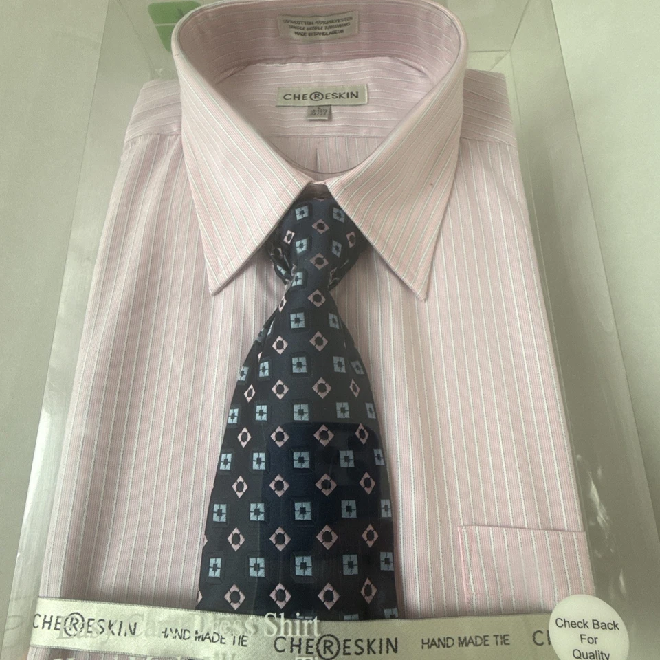 Camisa social listrada rosa/azul Ron Chereskin com gravata manga longa grande 16-16,5 NOVA - Imagem 2 de 4