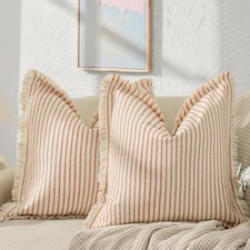 Fall Pillow Covers 18x18 Set of 2 Striped Pillow Covers with Fringe Chic Cott...