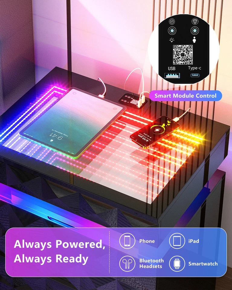 Mesita de Noche Gurexl con Luz LED RGB, Mesita de Noche Vidrio Templado y Tapa Deslizante Foto 4 de 4