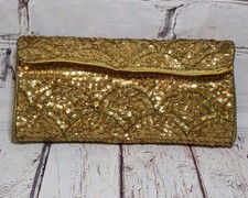 Vintage La Regale Sequin  Beaded Evening Bag Clutch Gold On Gold Made In Japan