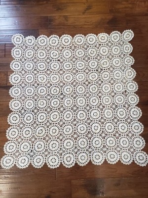 Vintage Hand Crocheted Lace Tablecloth Ivory Large Square Floral Motif 44x43''
