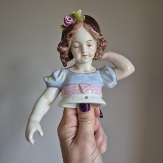 Antique German Aelteste Volkstedter Porcelain Half Doll 6.5" Extended Arm Demure