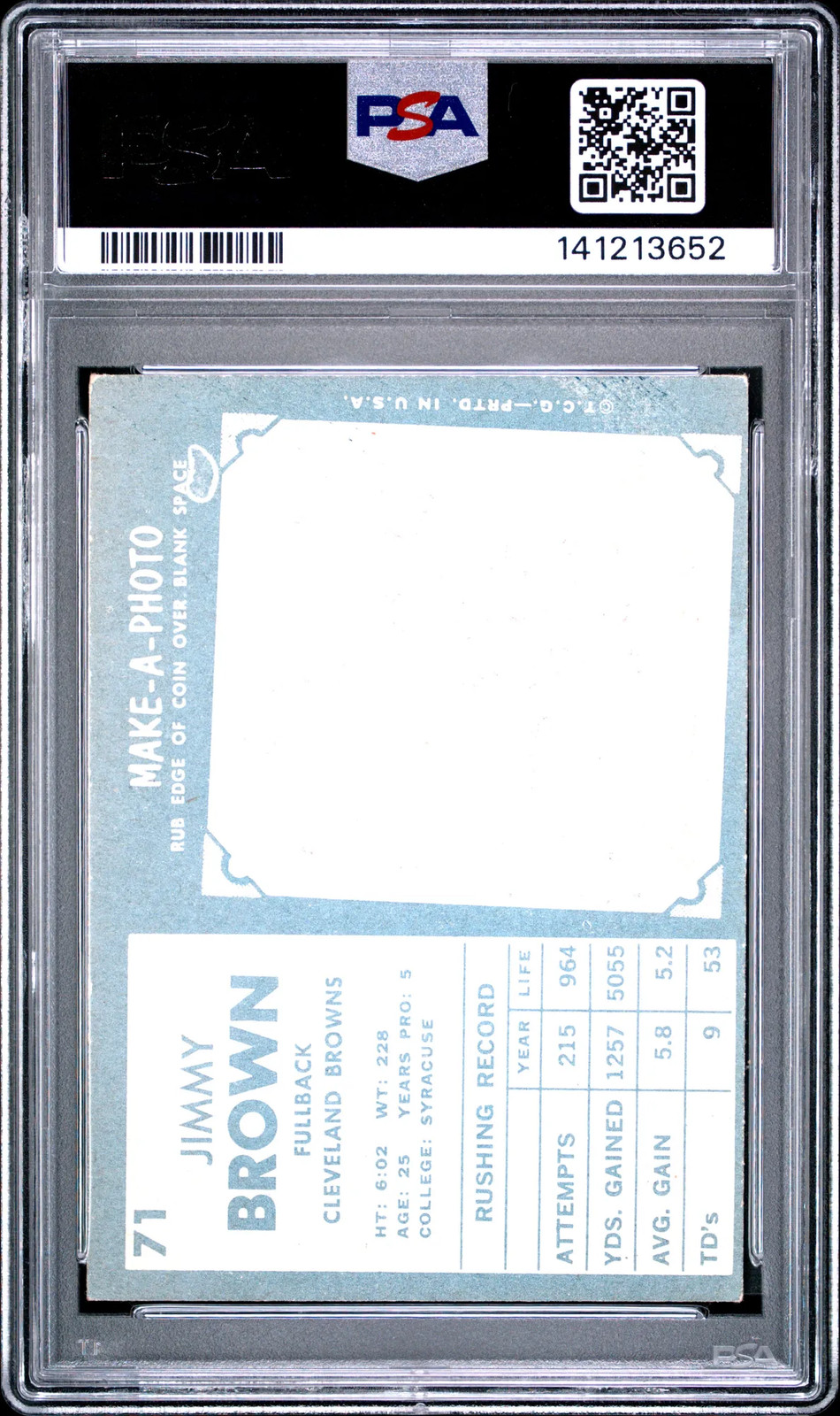 1961 Topps Jim Brown #71 PSA 4 view 2