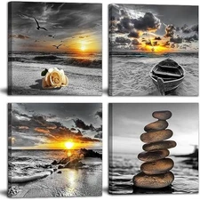 Black and White Gold Wall Decor Sea Sunset Beach Wall Art Seascape Zen Painti...