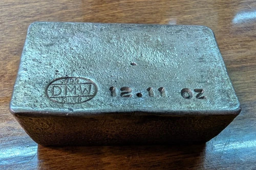 Poured Vintage DMW 12.11 Troy Ounce Silver Bullion Bar