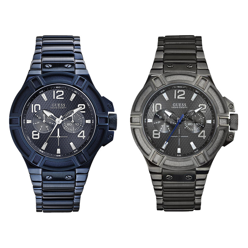 Men's Watch Guess Rigor Steel Wristwatch Multifunction Blue Grey 100 mt DD
