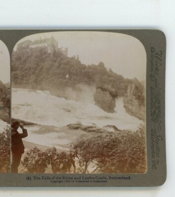 Admiring Falls of Rhine & Laufen Castle Switzerland Underwood Stereoview