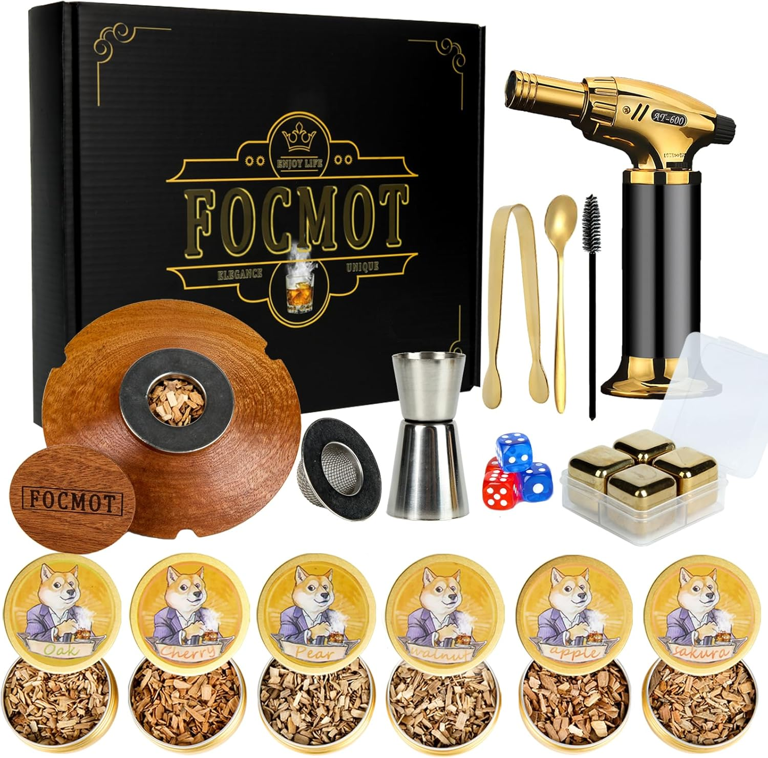 Kit de ahumador de cóctel con antorcha - Kit de ahumador antiguo - 6 sabores madera ch...