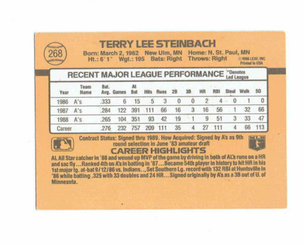 Terry Steinbach Oakland Athletics Catcher #268 Donruss 1989