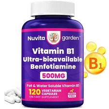 Vitamin B1 (Thiamine) 500mg, 120 Vegetarian Capsules - Gluten Free and Non-GMO