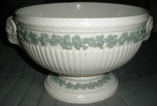 Wedgwood Queens Ware Embossed Green Vine Pedestal Bowl with Rams Head Handles