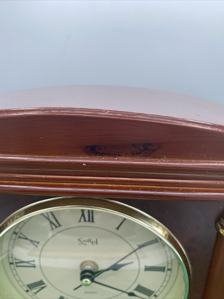 Stiffel Wood Mantle Clock With Quartz Movement Gold Color Trim 9”X 3