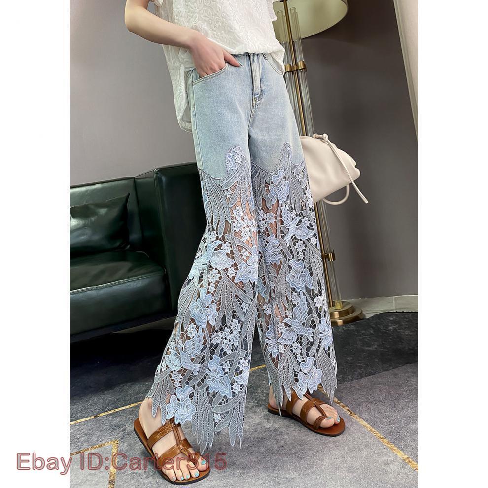 Women Hollow Lace Patchwork Wide Leg High Waist Blue Jeans
