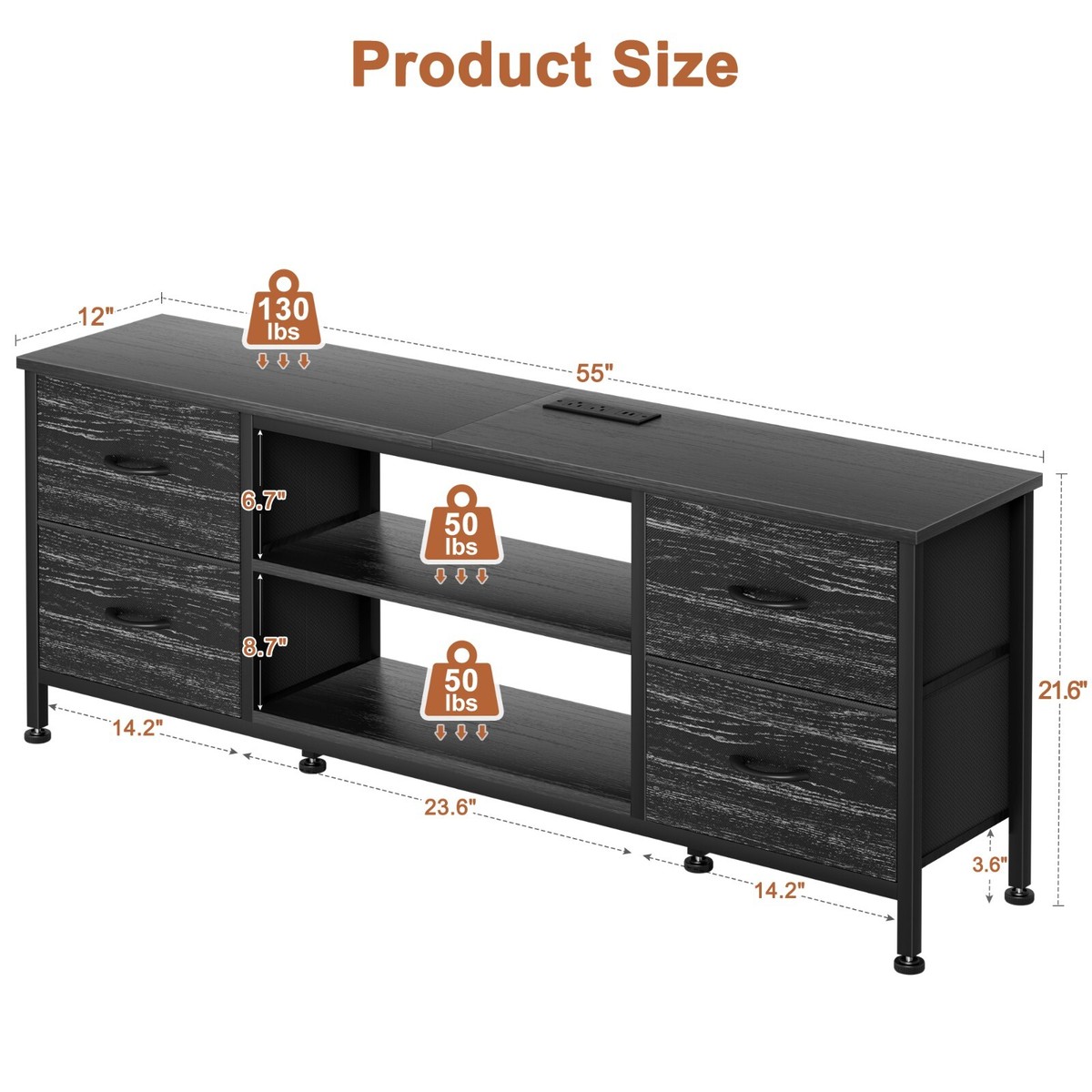 TV Stand Dresser for Bedroom with Power Outlet 4 Fabric Drawers for 55" TV  Black | eBay