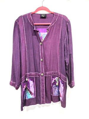 Zashi vintage Button up 100% rayon purple boho Wearable art panels unique L