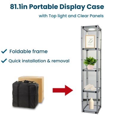 81.1'' Portable Aluminum Display Case with Shelves, Top light and Clear Panels US