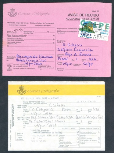 ESPAÑA 1999 - TARJETA AVISO DE RECIBO CON ATM CALPE 60 PTS.- 5 DÍGITOS ESTRECHOS