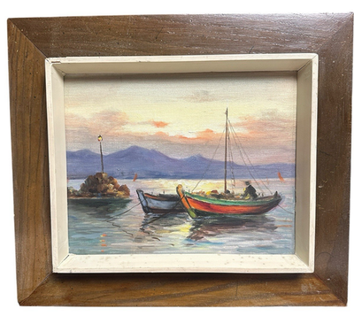 #ad Vintage Oil Painting on Canvas MCM Nautical Harbor Fishing Boats Sunset Framed $168.00