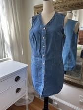 Gap Jean Denim Dress Jumper Y2K Women’s 12 Blue Pockets Button Front 100% Cotton