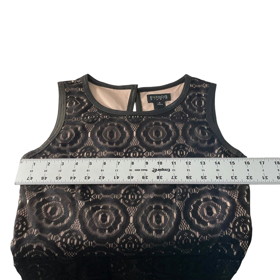 Vestido Enfocus Studio Negro Encaje Talla 8 Desnudo Forrado Línea A Imitación Cuero Borde Foto 3 de 4