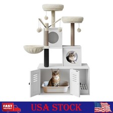 Litter Box Enclosure with Cat Tree Tower and Condo with Scratching Post Perch