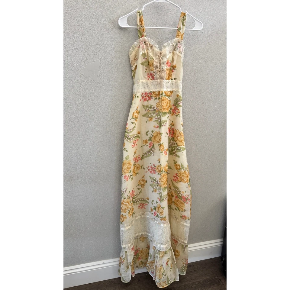 Maxi Vestido Floral Vintage Años 70 Marfil Rosa Encaje Cuello Corazón Para Mujer Talla S Foto 2 de 4