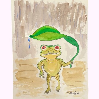 Hand painted watercolor original painting frog leaf umbrella rain