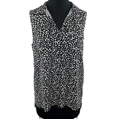 PURE NAVY Black & White Animal Print V-Neck Button-Down Sleeveless Top Blouse M