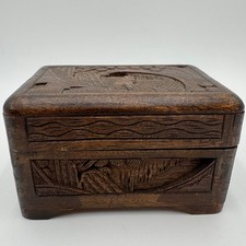 Vintage Hand Carved Wooden Trinket Box Folk Art Scenic Relief Footed Hinged