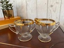 Jeannette Glass Cream and Sugar Set Floral Patterned Gold Band