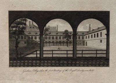 Antiker architektonischer historischer Innenhof Gresham College von Thomas Simpson 1750